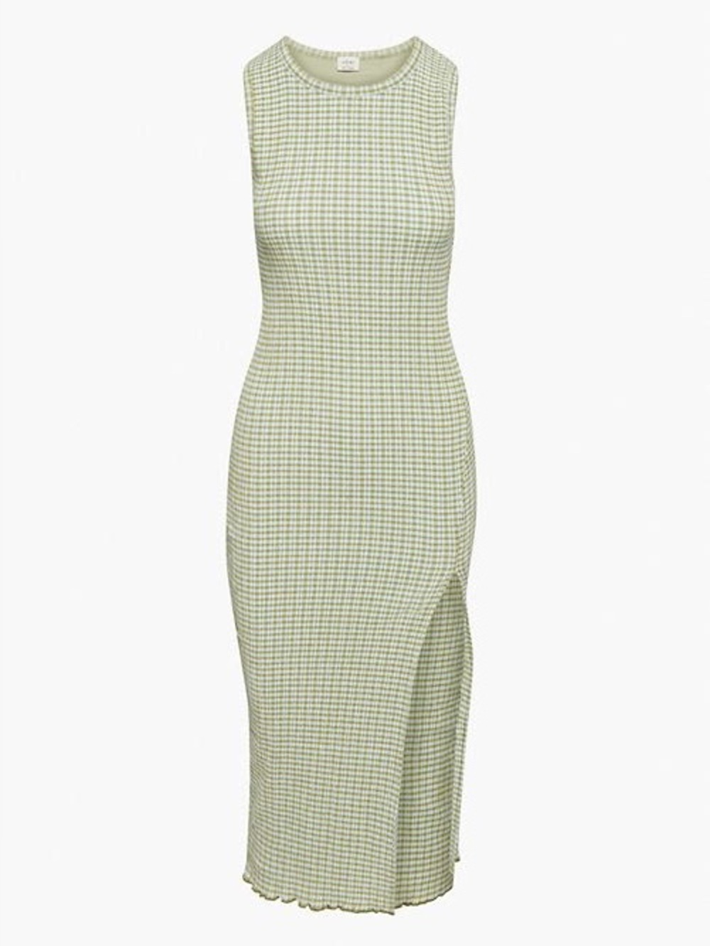 Aritzia Light Green Gingham Sleeveless Midi Dress with Side Slit